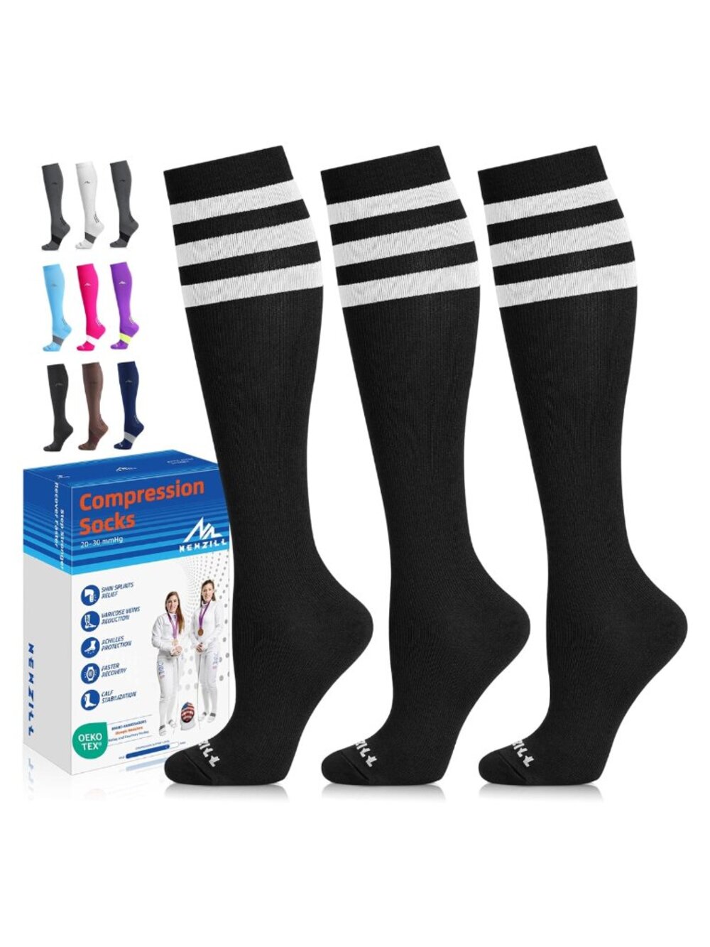 Unisex Compression Socks 3 Pack 20-30 mmHg Knee-High Athletic